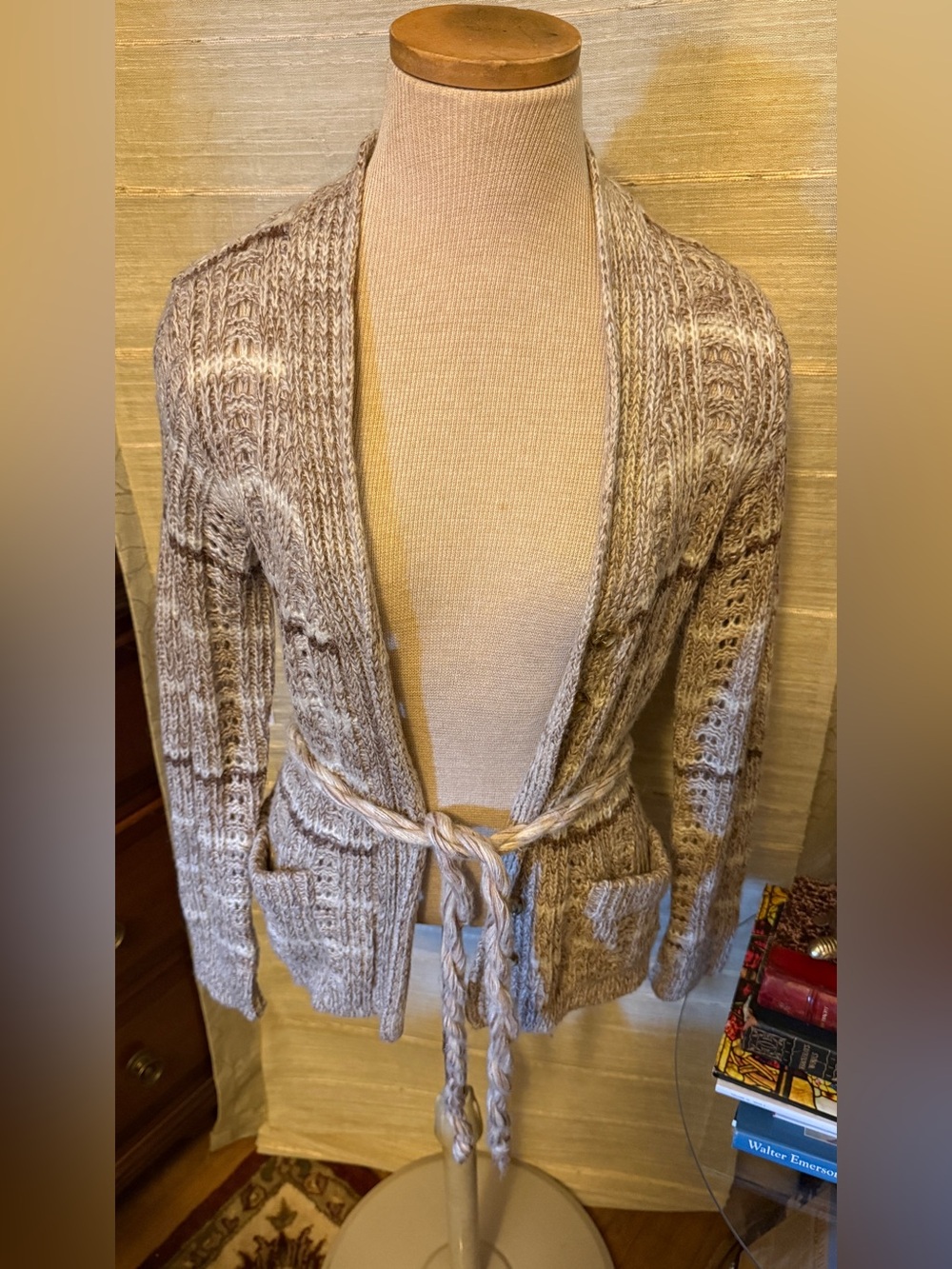 Marisa Christina Beige Marled Braided-Tie Open Front Cardigan